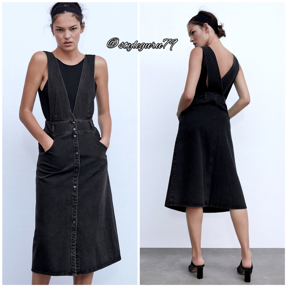 NWT, ZARA, Black Denim Pinafore Jumper Dress